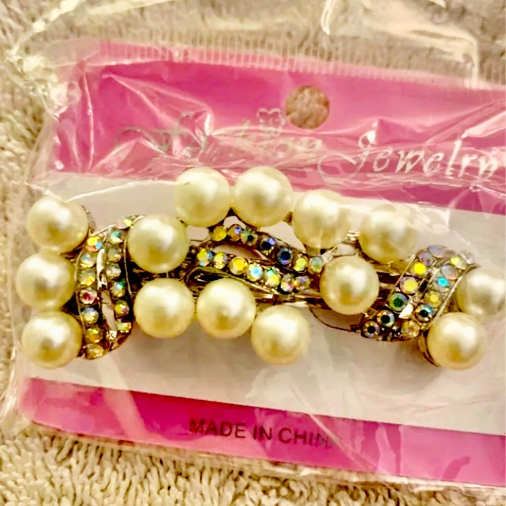 Pearl & sparkle rhinestone silver hair clip accessory prom formal NWT